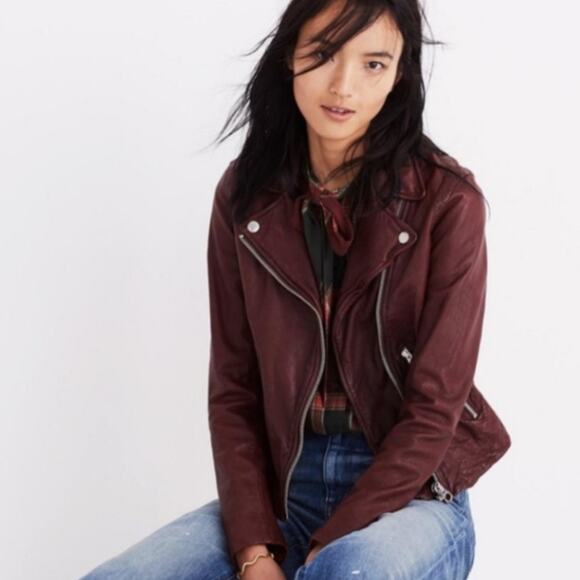 Madewell Washed Leather Motorcycle Jacket Size XS Cabernet Wine Preowned - Picture 2 of 14